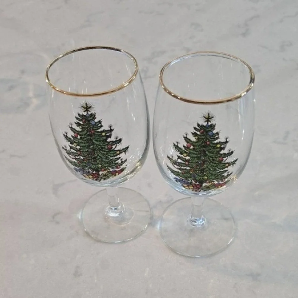 SET OF 8 Spode Christmas Tree Wine Glasses 22k Gold Rim 6.5